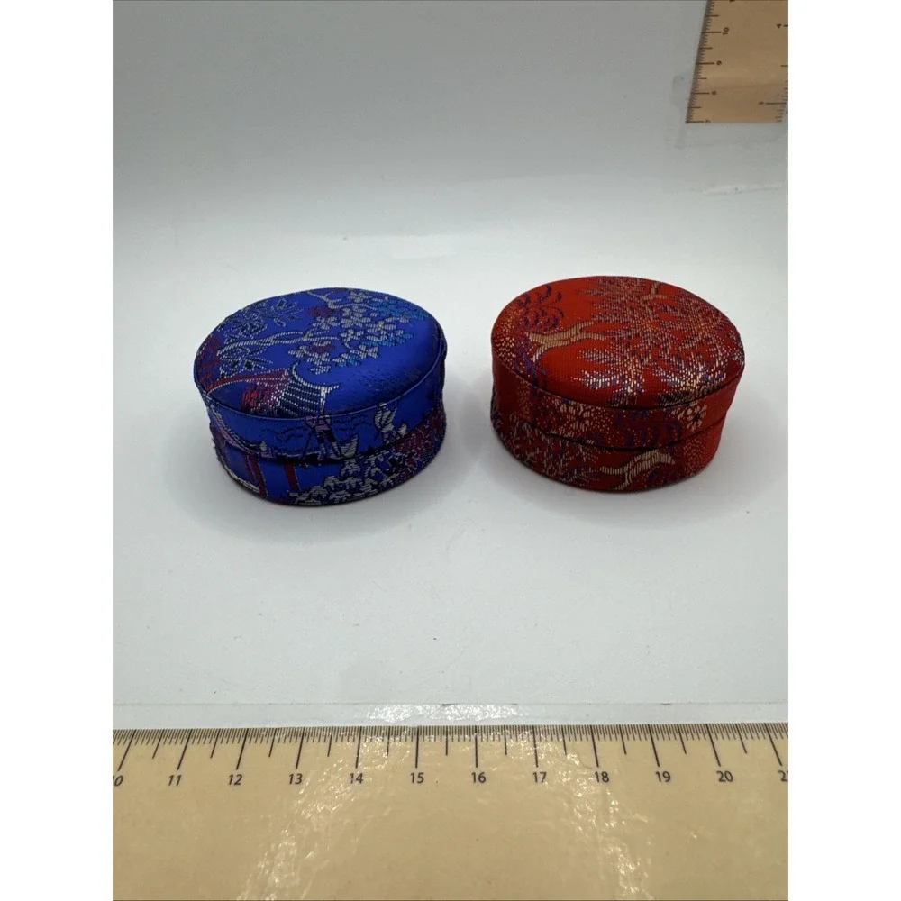 Set Of 2 Asian Ring Jewelry Box Compact Fabric Floral Portable - Circle Shaped